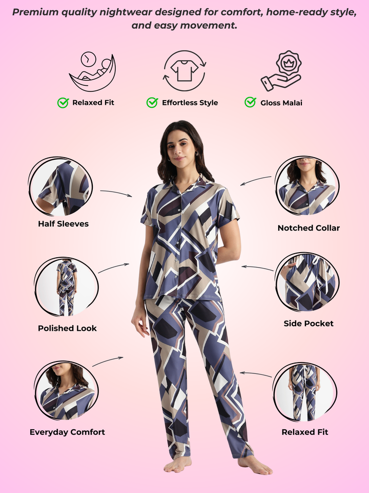 Blue mosaic gloss malai pajama sets for women