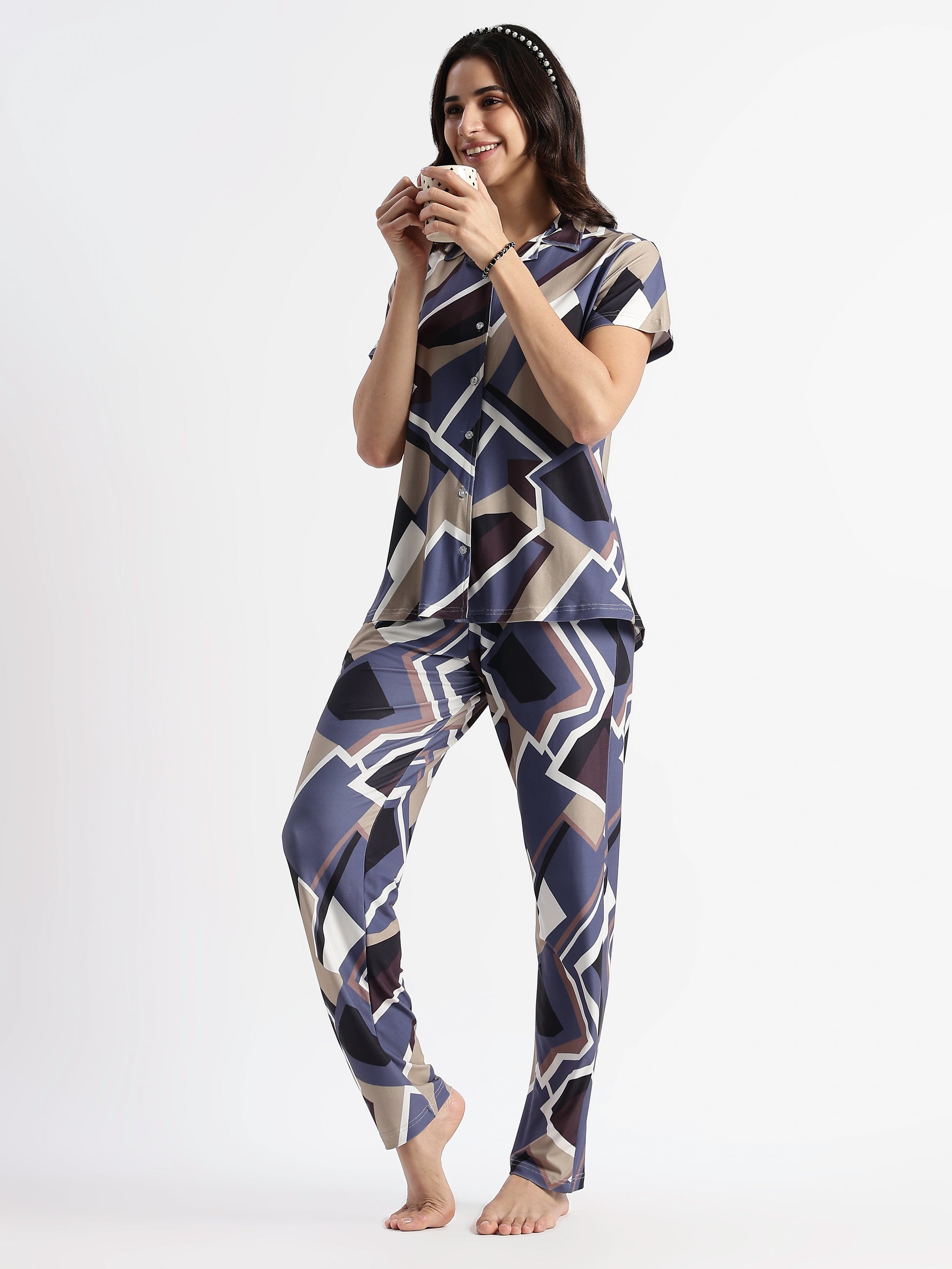 Blue Mosaic Gloss Malai Pajama Sets For Girls And Women