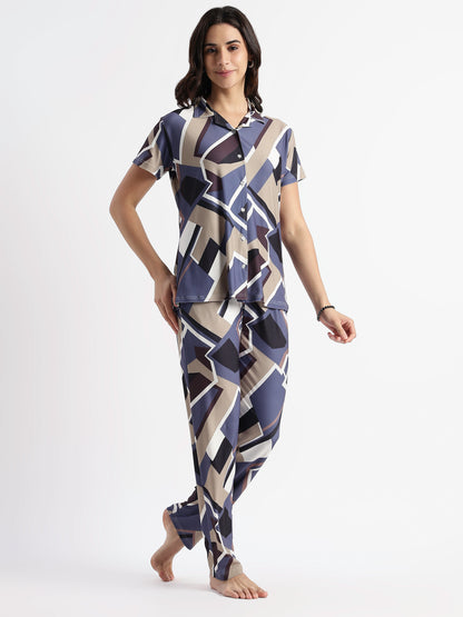 Blue Mosaic Gloss Malai Pajama Sets For Girls And Women