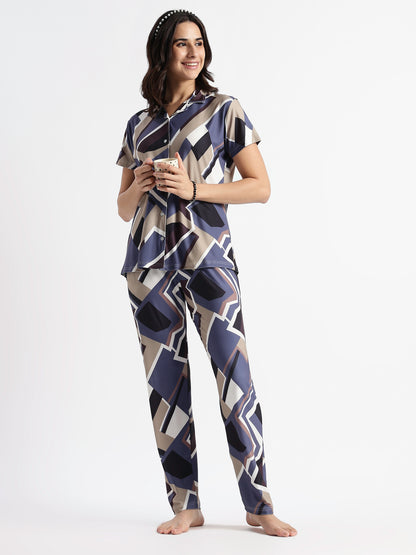 Blue Mosaic Gloss Malai Pajama Sets For Girls And Women