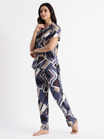 Blue Mosaic Gloss Malai Pajama Sets For Girls And Women
