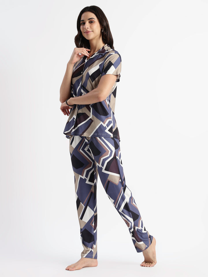 Blue Mosaic Gloss Malai Pajama Sets For Girls And Women
