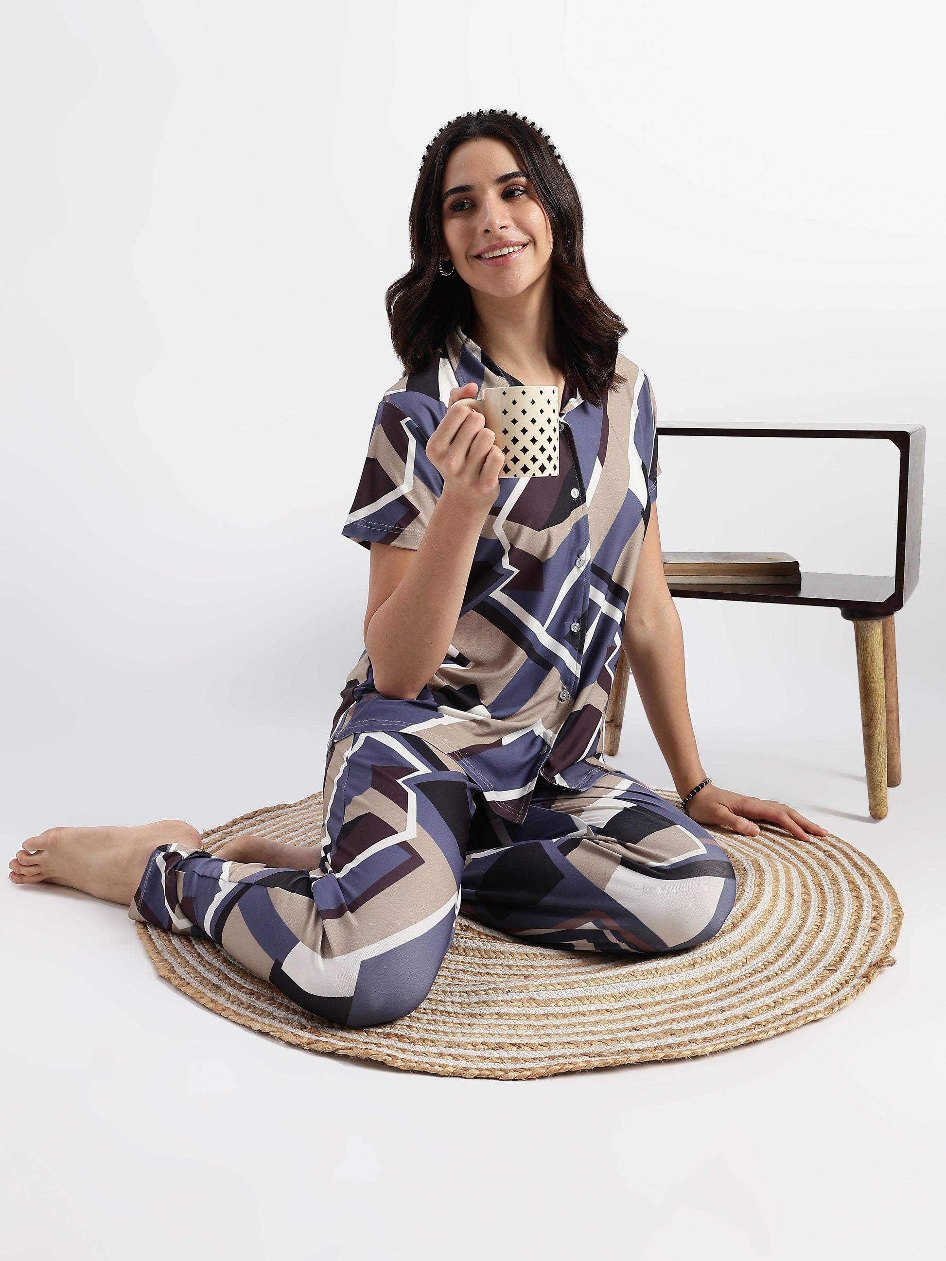 Blue Mosaic Gloss Malai Pajama Sets For Girls And Women