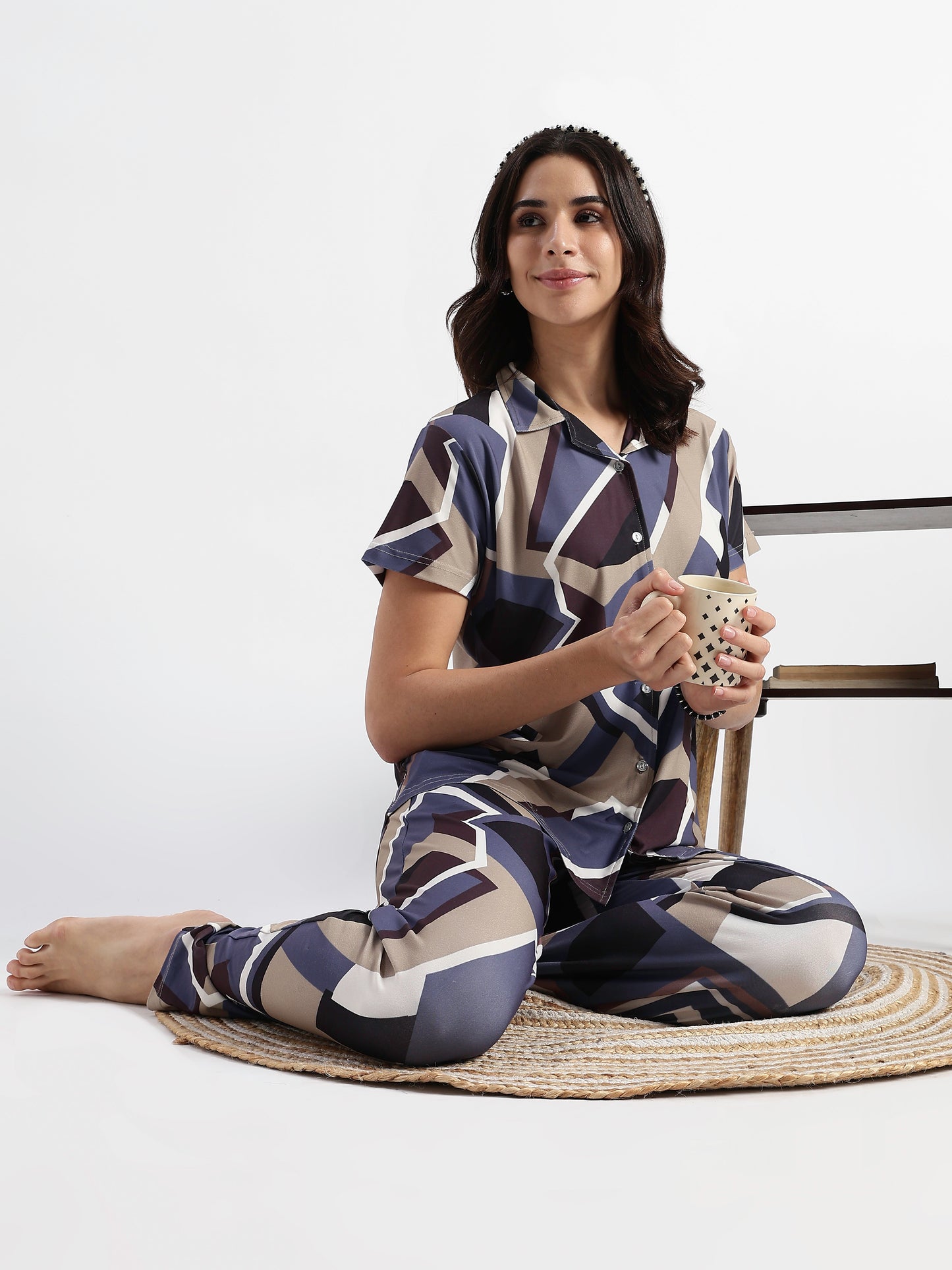 Blue Mosaic Gloss Malai Pajama Sets For Girls And Women