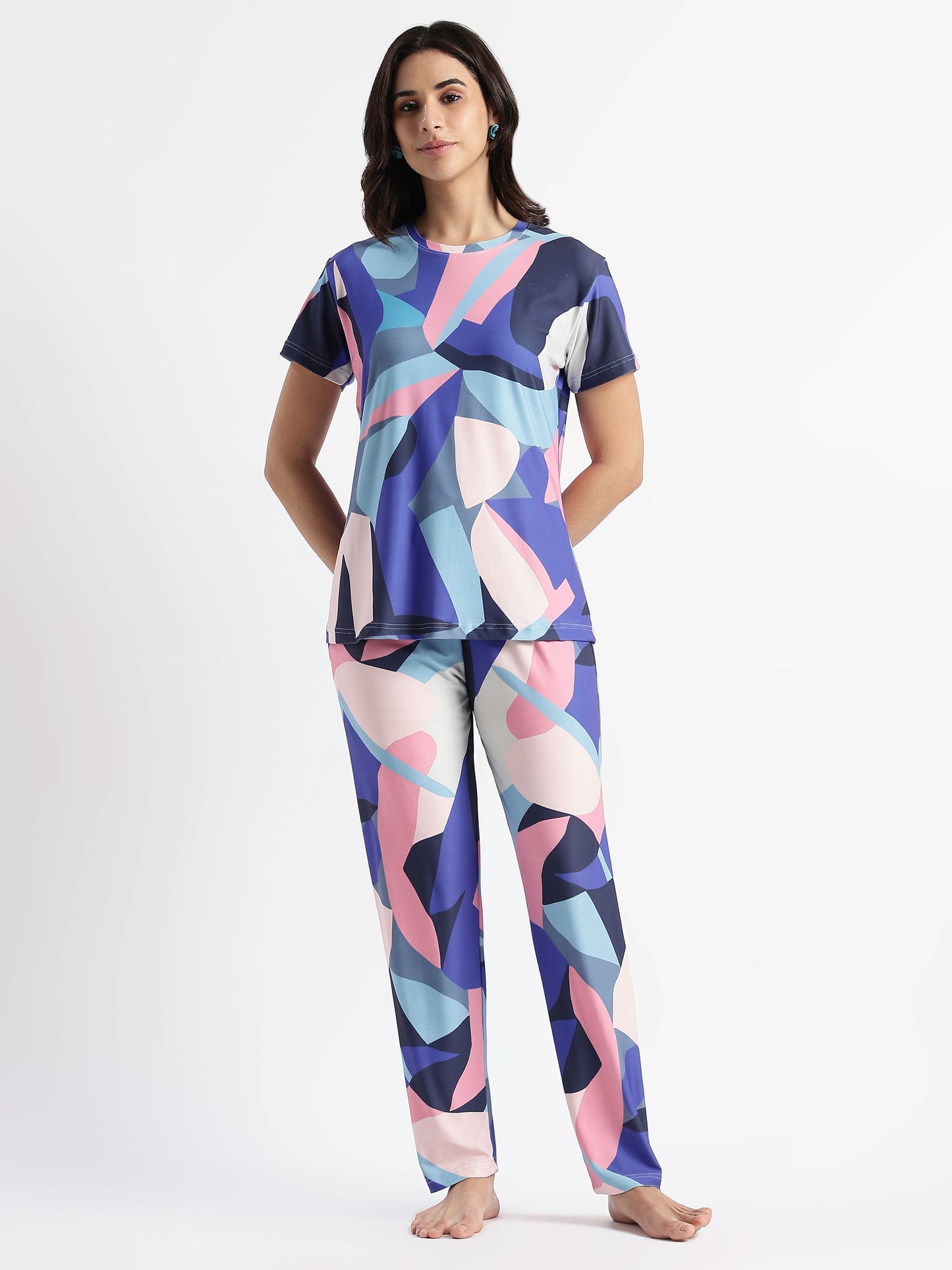 Blue Candy Printed Soft Gloss Malai Fabric Loungewear Set