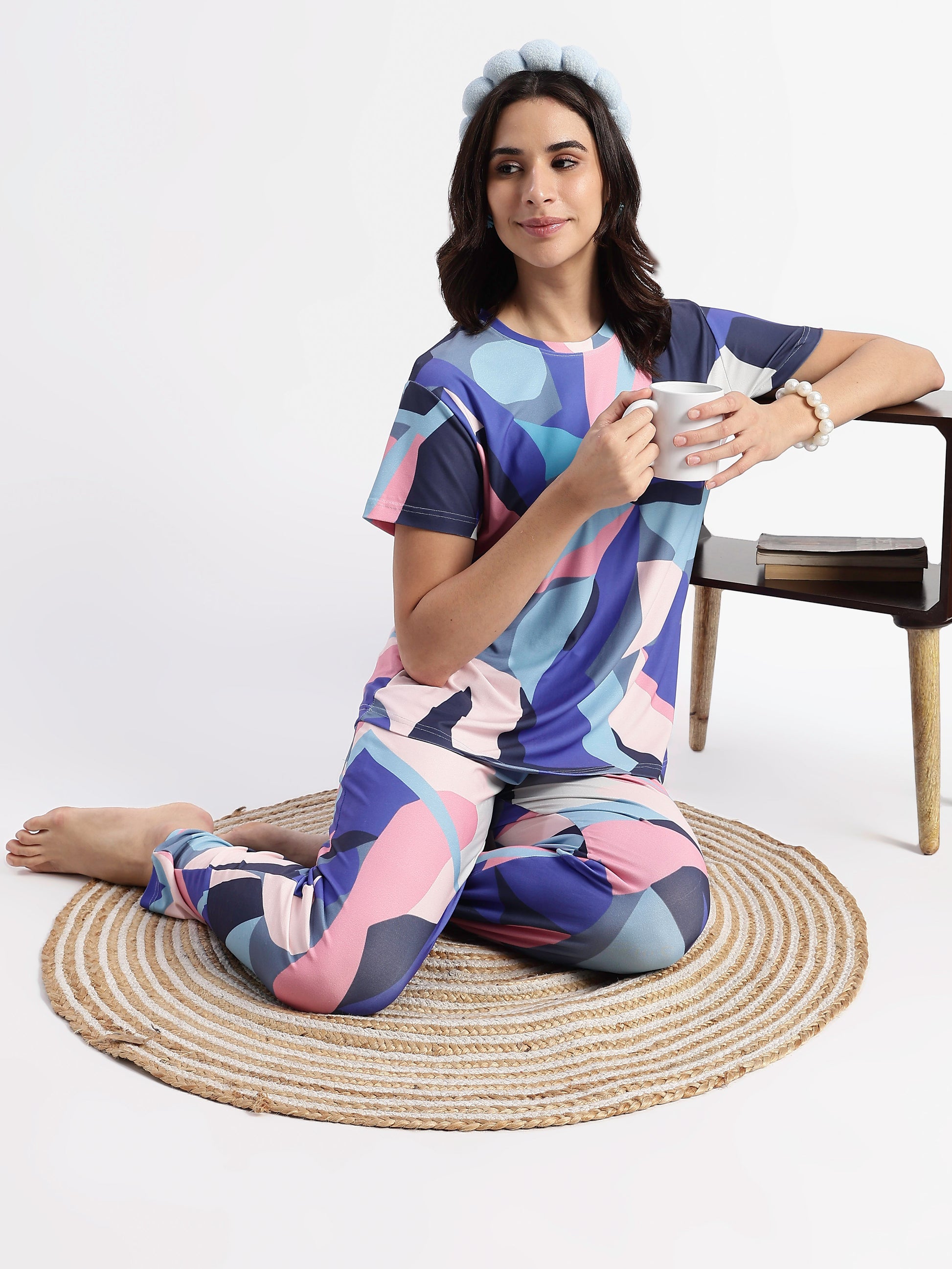 Blue Candy Printed Soft Gloss Malai Fabric Loungewear Set