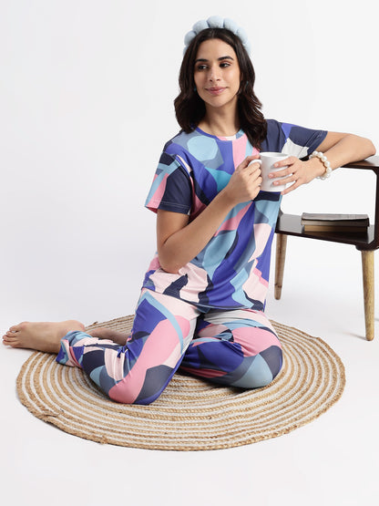 Blue Candy Printed Soft Gloss Malai Fabric Loungewear Set