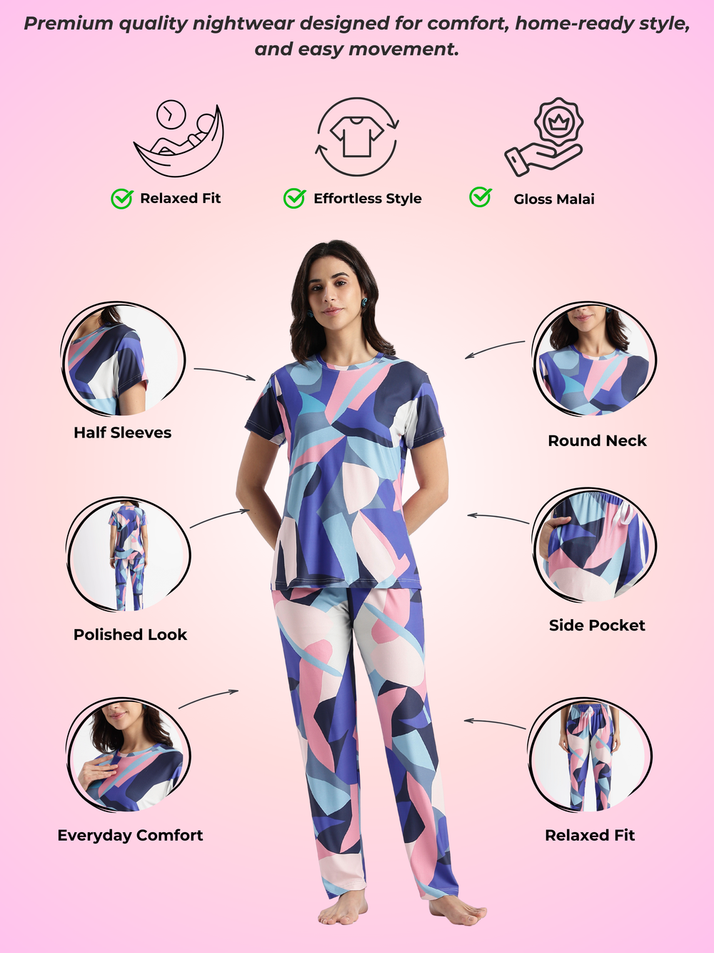 Blue candy printed soft gloss malai fabric loungewear set