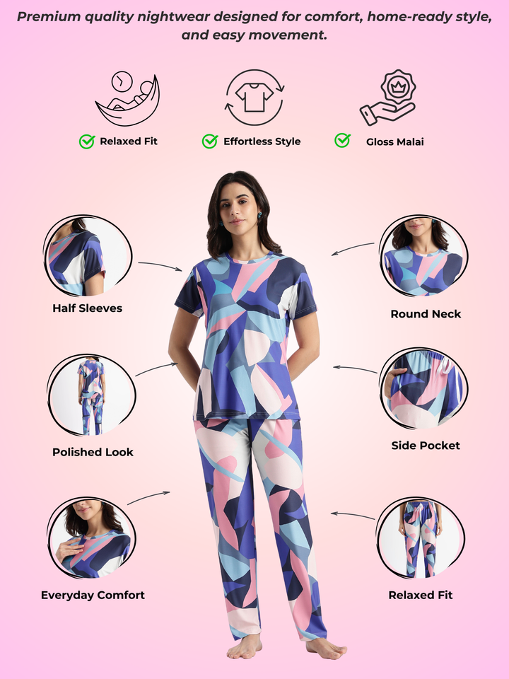 Blue candy printed soft gloss malai fabric loungewear set