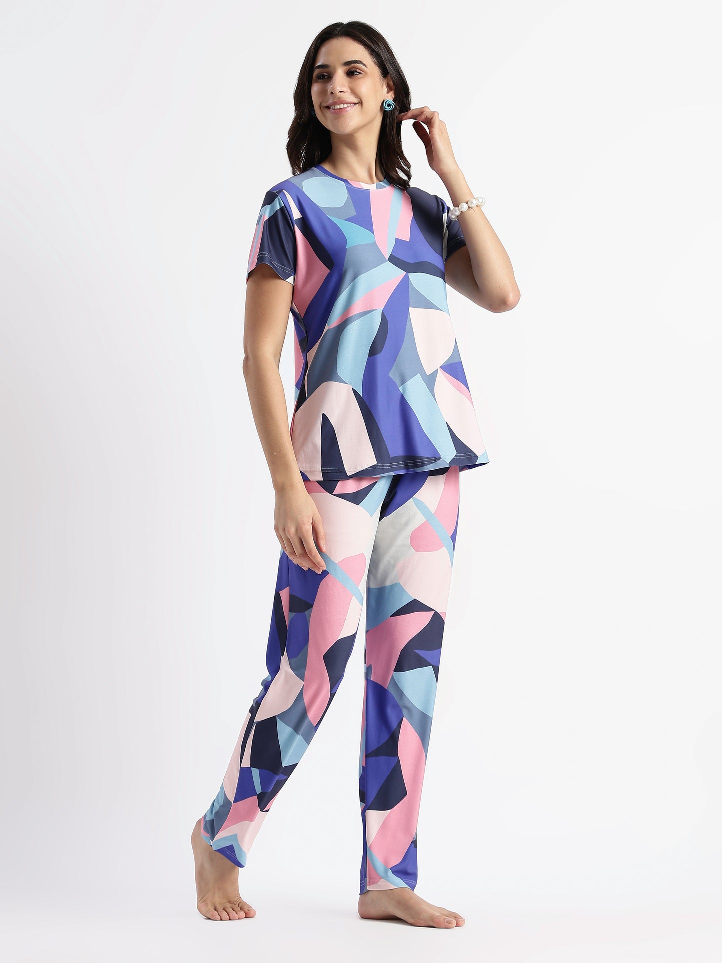 Blue Candy Printed Soft Gloss Malai Fabric Loungewear Set