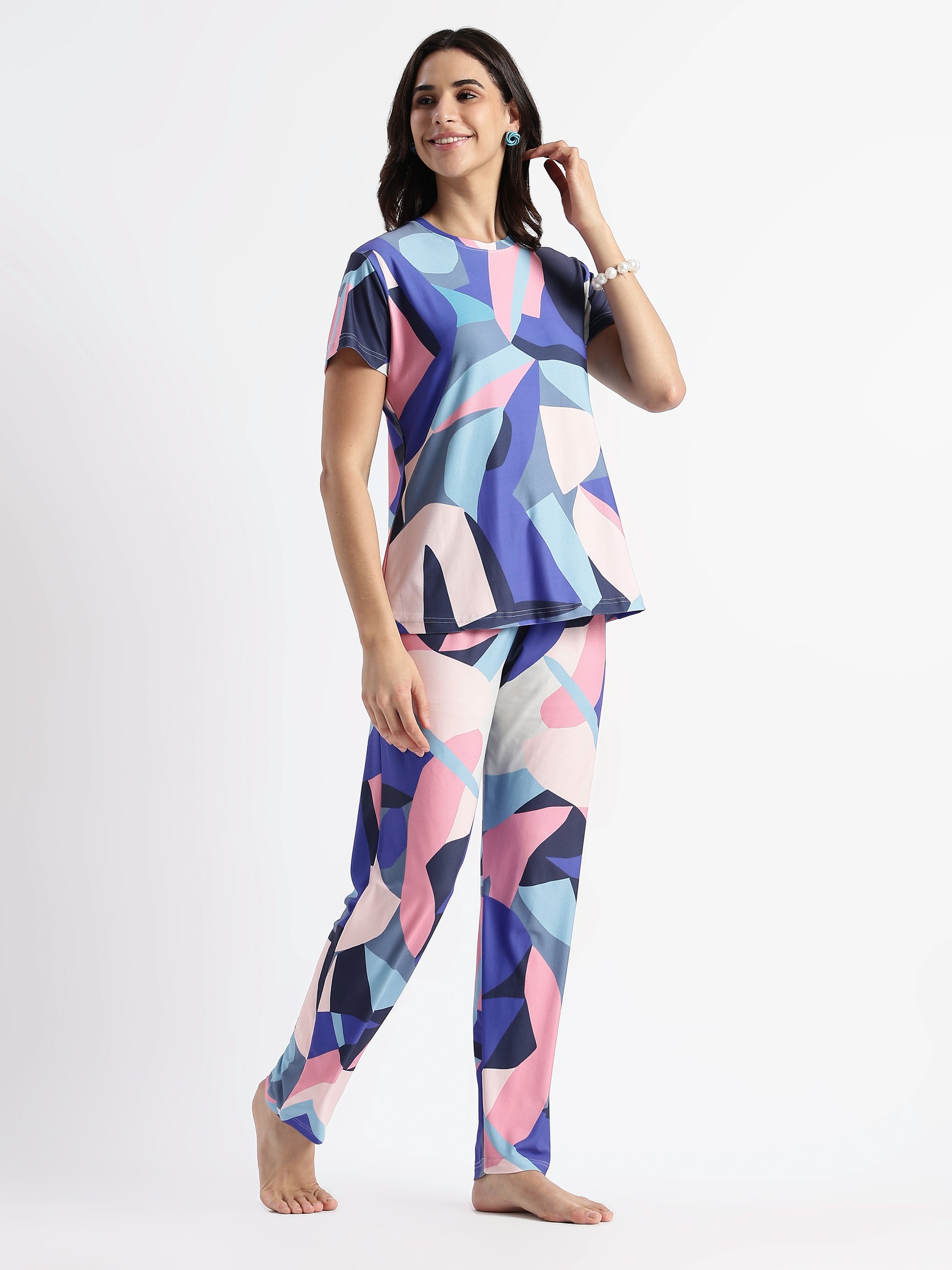 Blue Candy Printed Soft Gloss Malai Fabric Loungewear Set