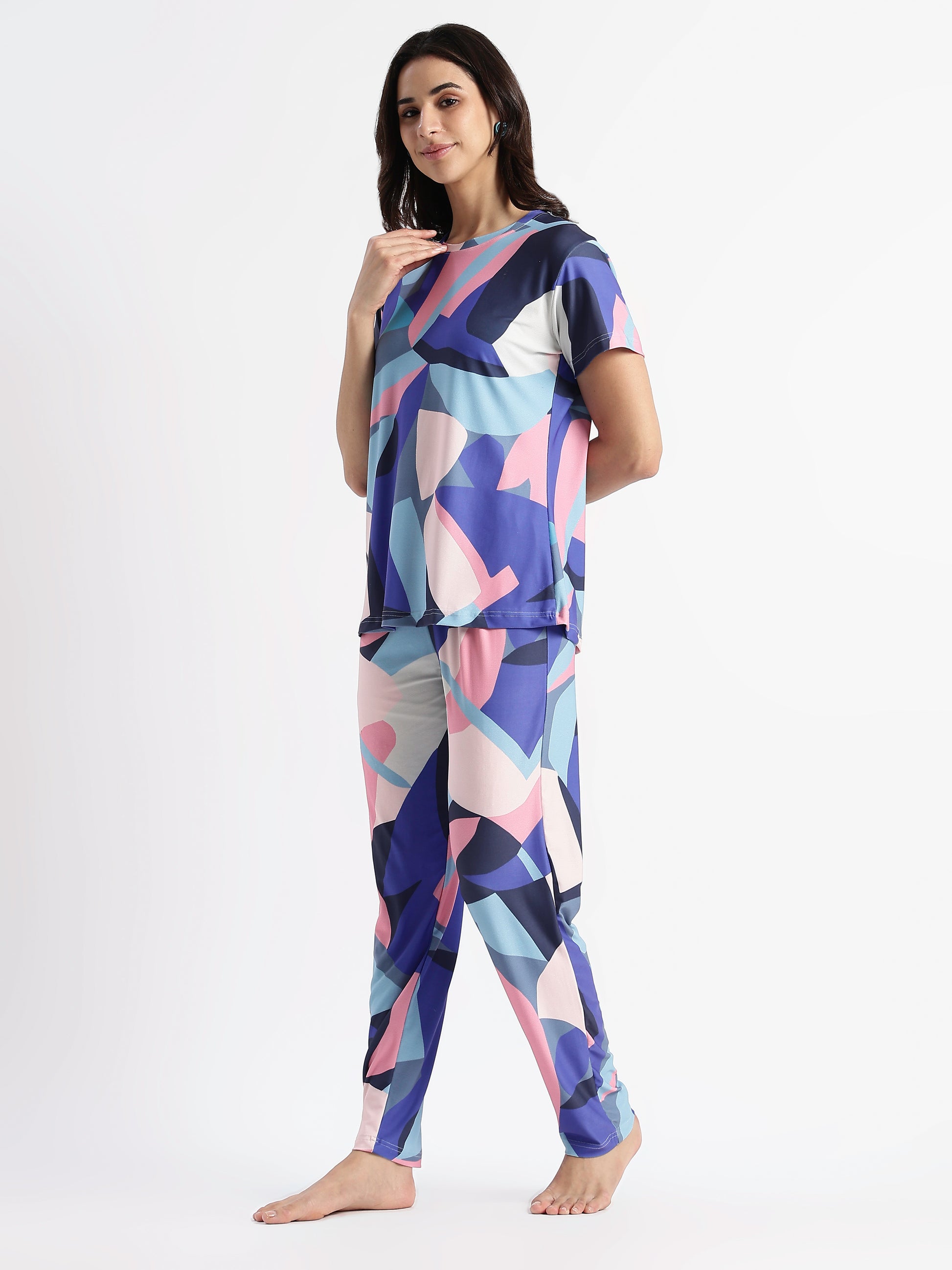 Blue Candy Printed Soft Gloss Malai Fabric Loungewear Set