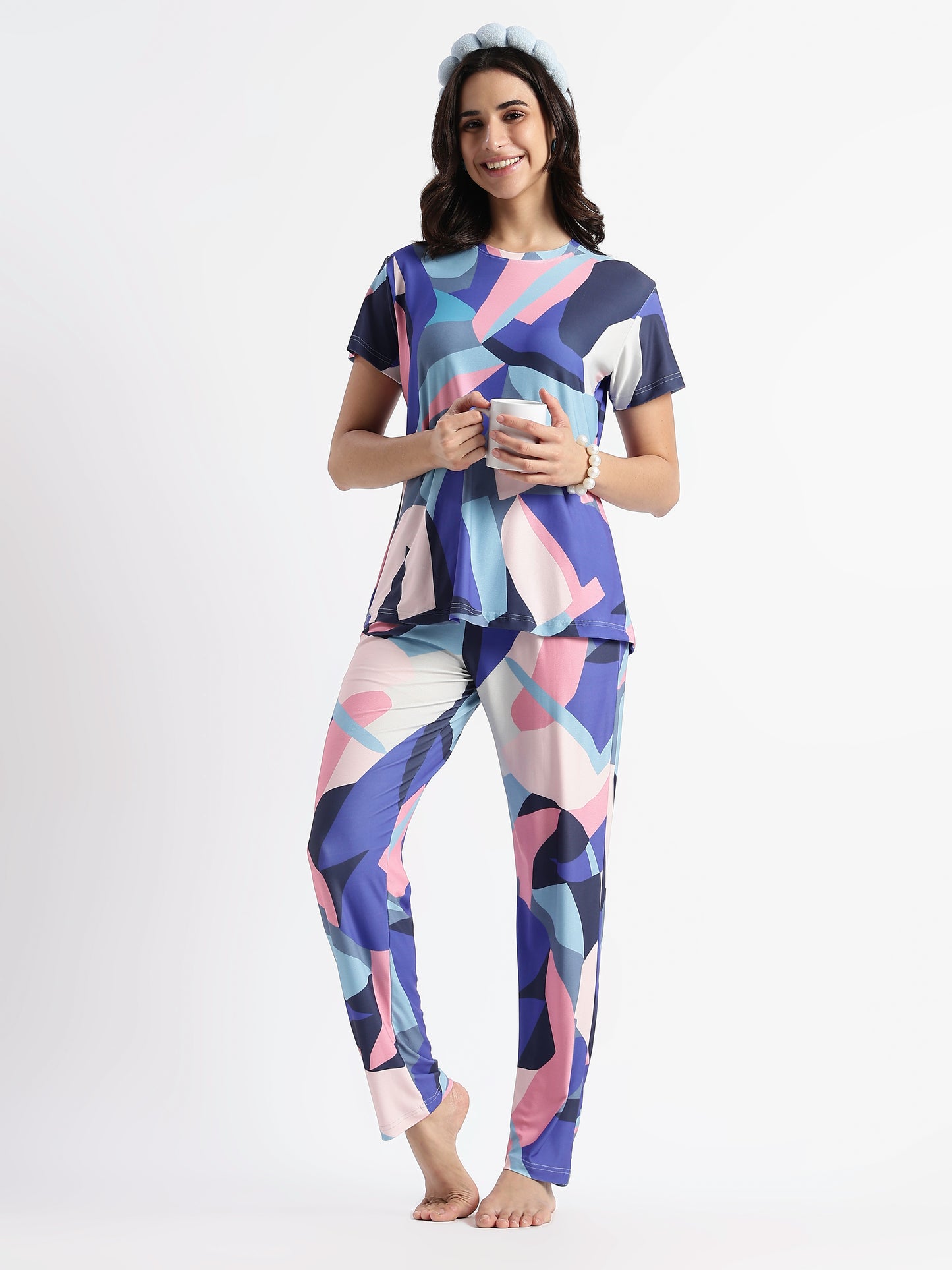 Blue Candy Printed Soft Gloss Malai Fabric Loungewear Set