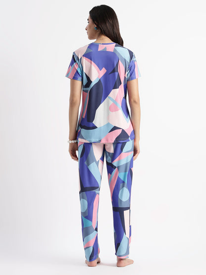 Blue Candy Printed Soft Gloss Malai Fabric Loungewear Set