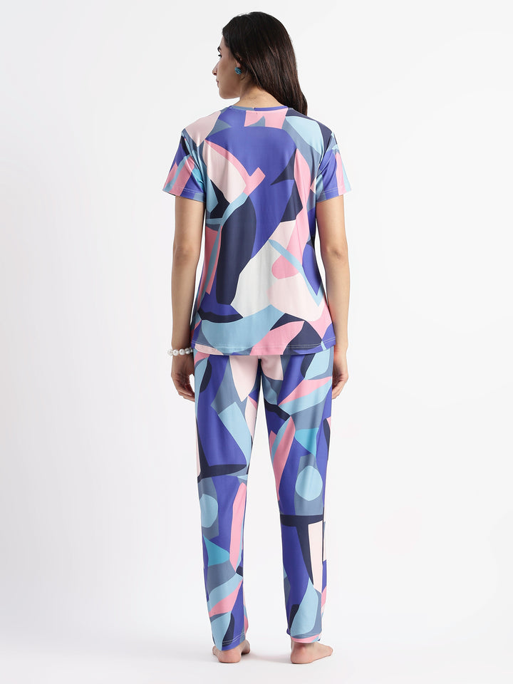 Blue Candy Printed Soft Gloss Malai Fabric Loungewear Set
