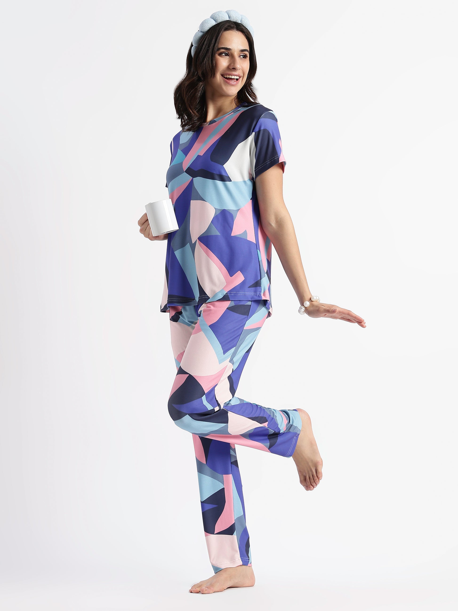 Blue Candy Printed Soft Gloss Malai Fabric Loungewear Set