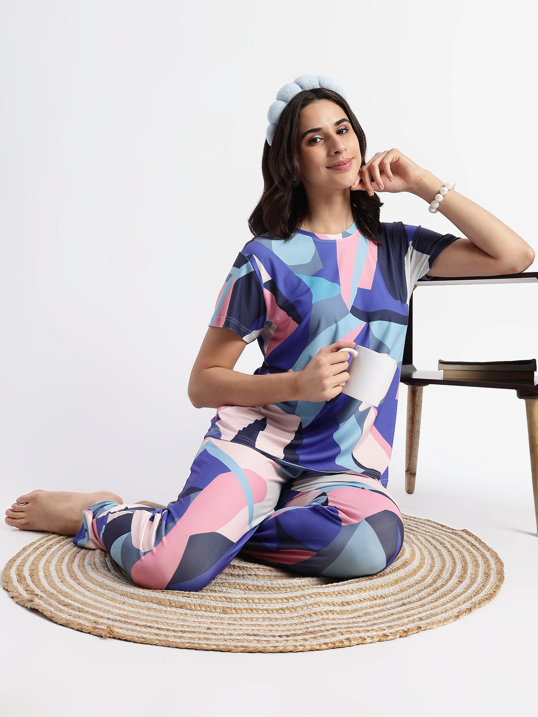 Blue Candy Printed Soft Gloss Malai Fabric Loungewear Set