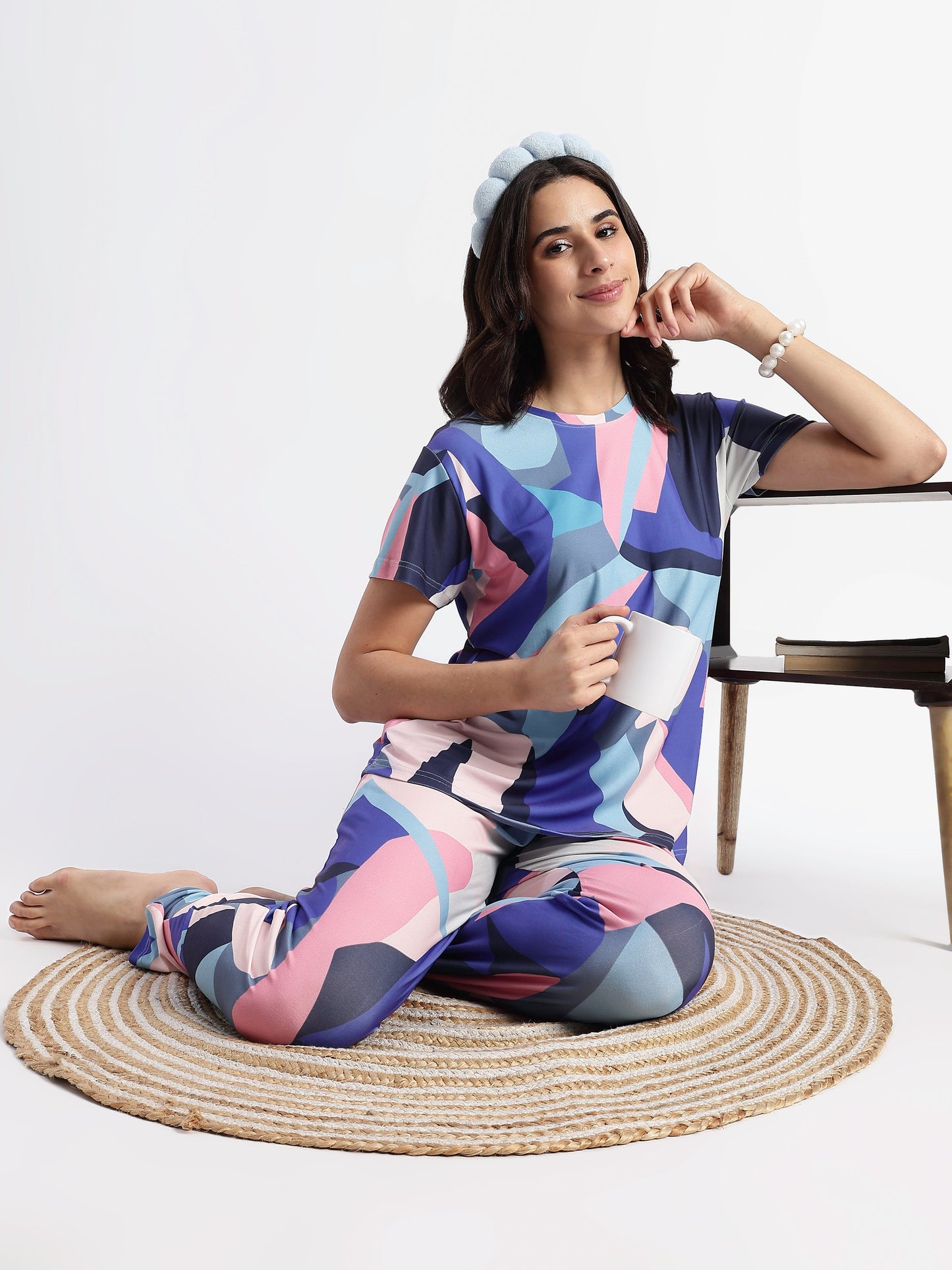 Blue Candy Printed Soft Gloss Malai Fabric Loungewear Set