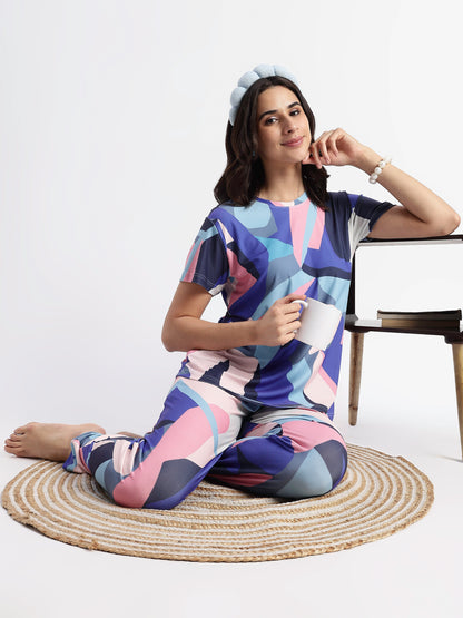 Blue Candy Printed Soft Gloss Malai Fabric Loungewear Set
