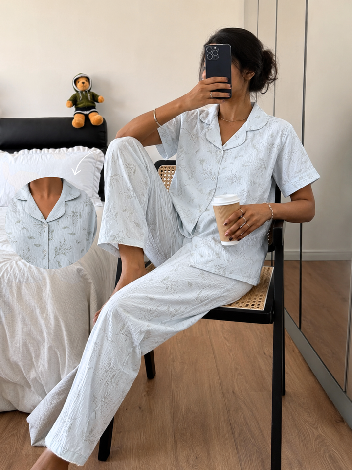blue botanical sprig korean style night suit set