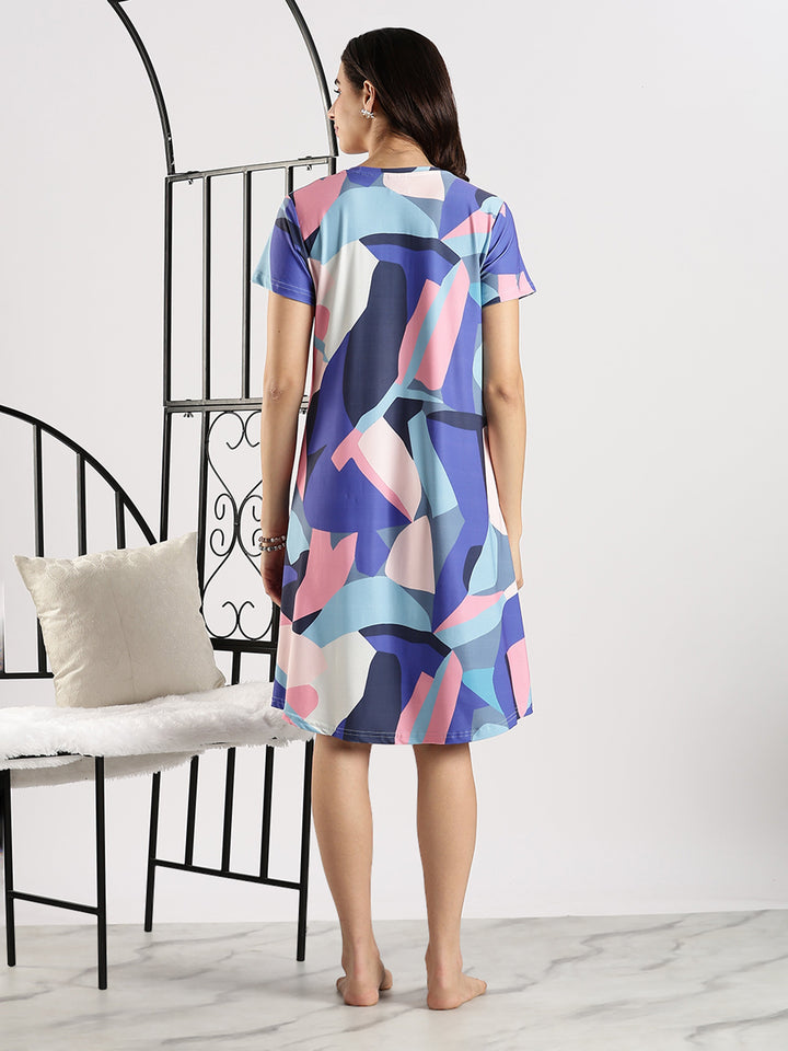 Gloss malai abstract blue printed short nighty for women