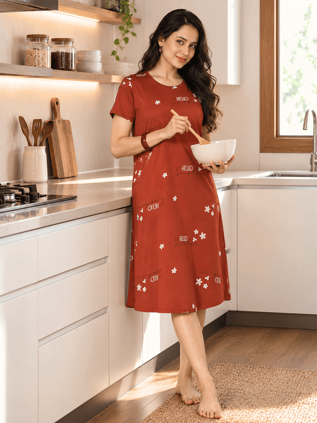 Brown floral hosiery cotton short nighty for women online