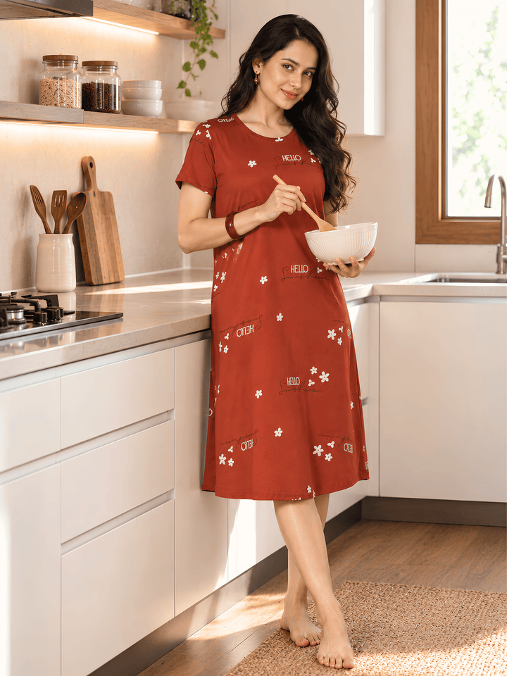 Brown floral hosiery cotton short nighty for women online