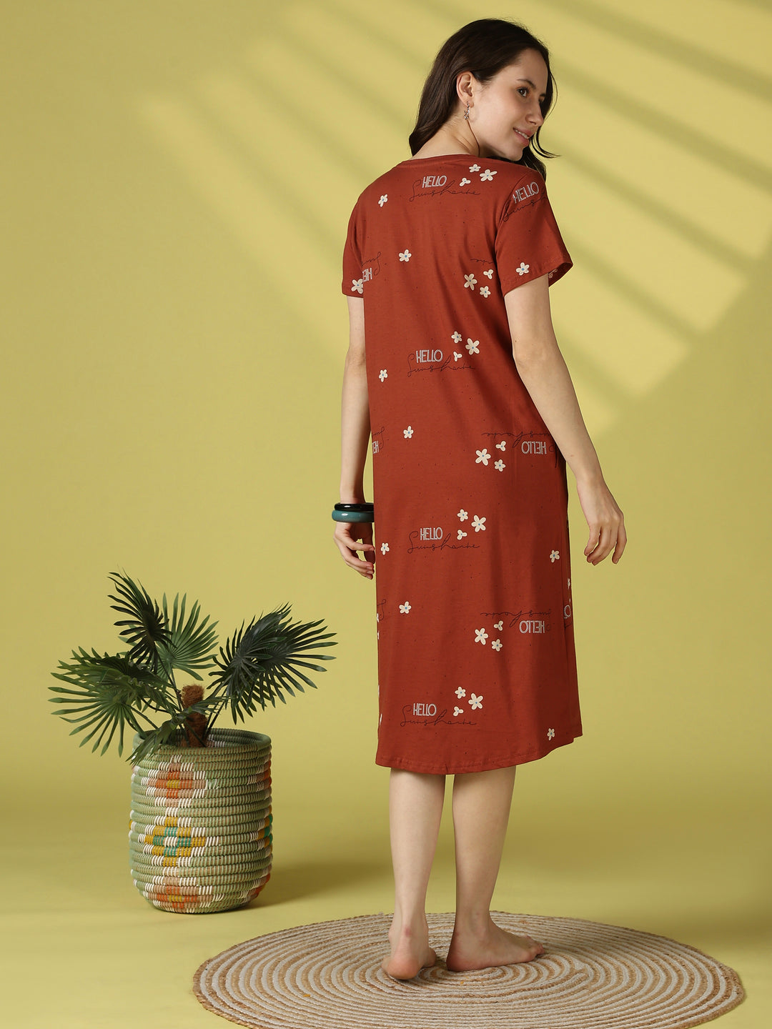 Brown floral hosiery cotton short nighty for women online