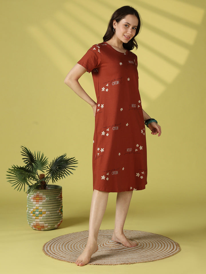 Brown floral hosiery cotton short nighty for women online