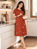 Brown Floral Print Hosiery Cotton Short Nighty for Women