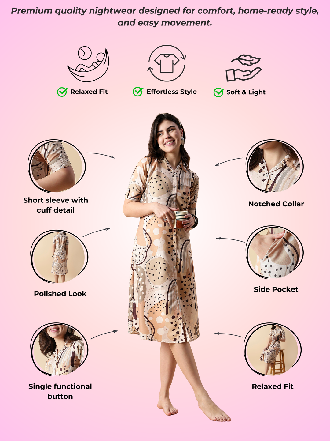 Choco chip soft rayon chic style nighty dress for women