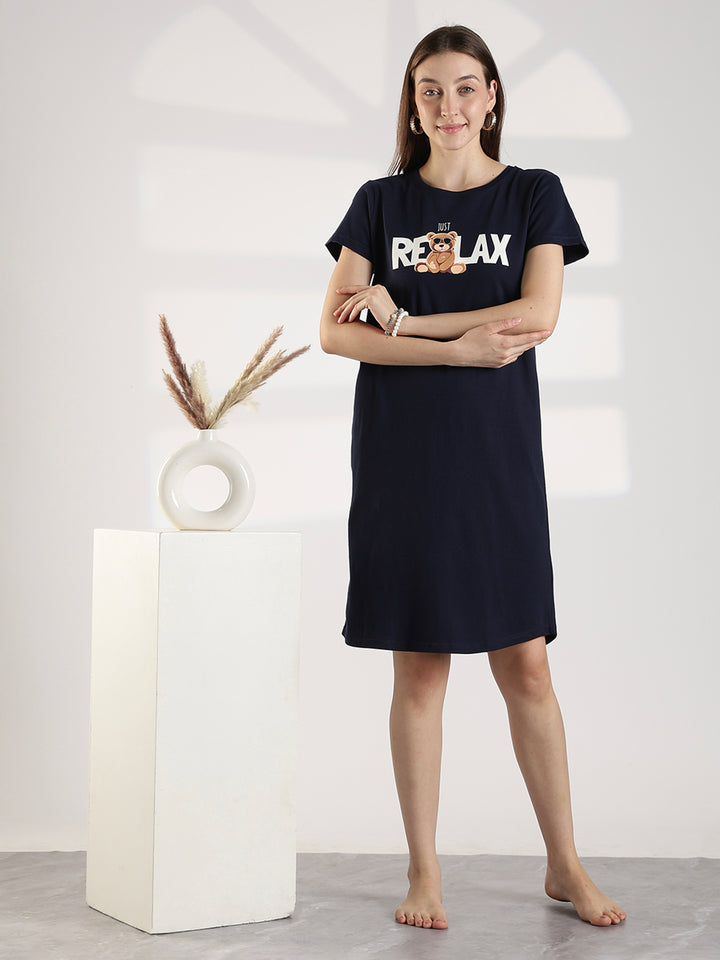 Dark navy knee length short nighty for women with relaxed comfortable fit