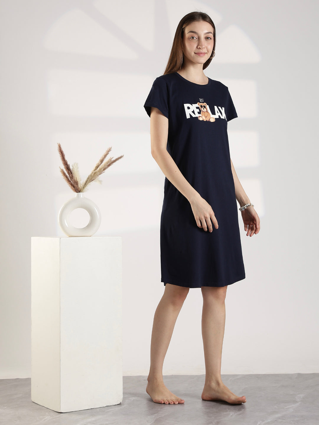 Dark navy knee length short nighty for women with relaxed comfortable fit