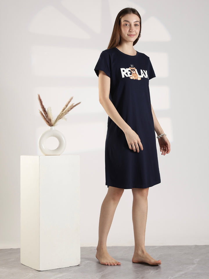 Dark navy knee length short nighty for women with relaxed comfortable fit