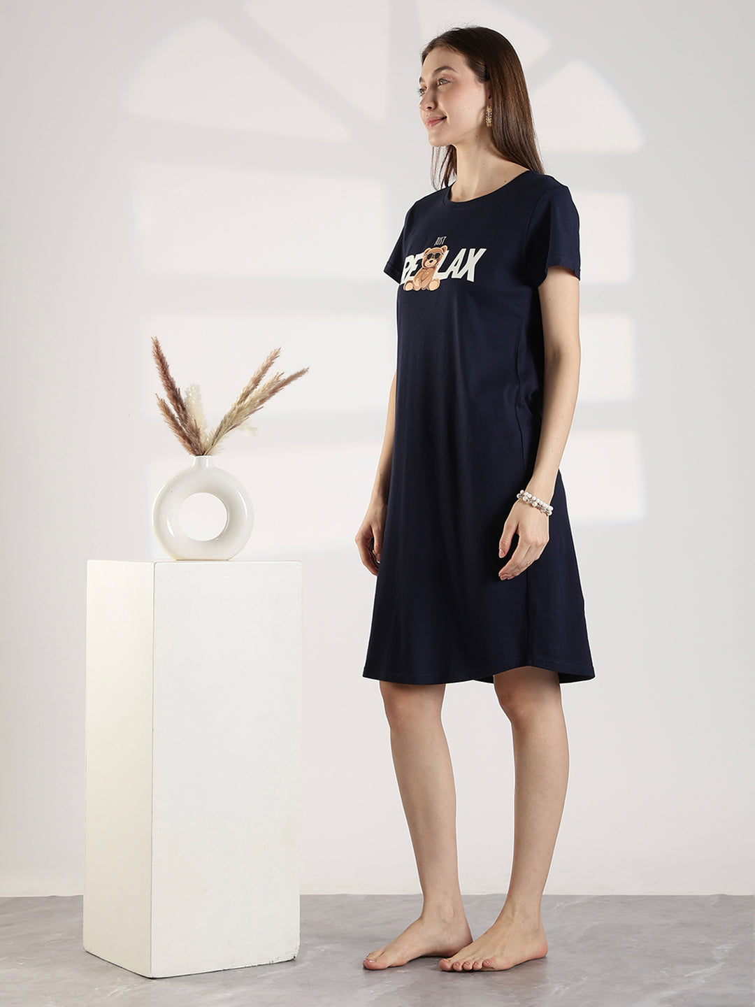 Dark navy knee length short nighty for women with relaxed comfortable fit
