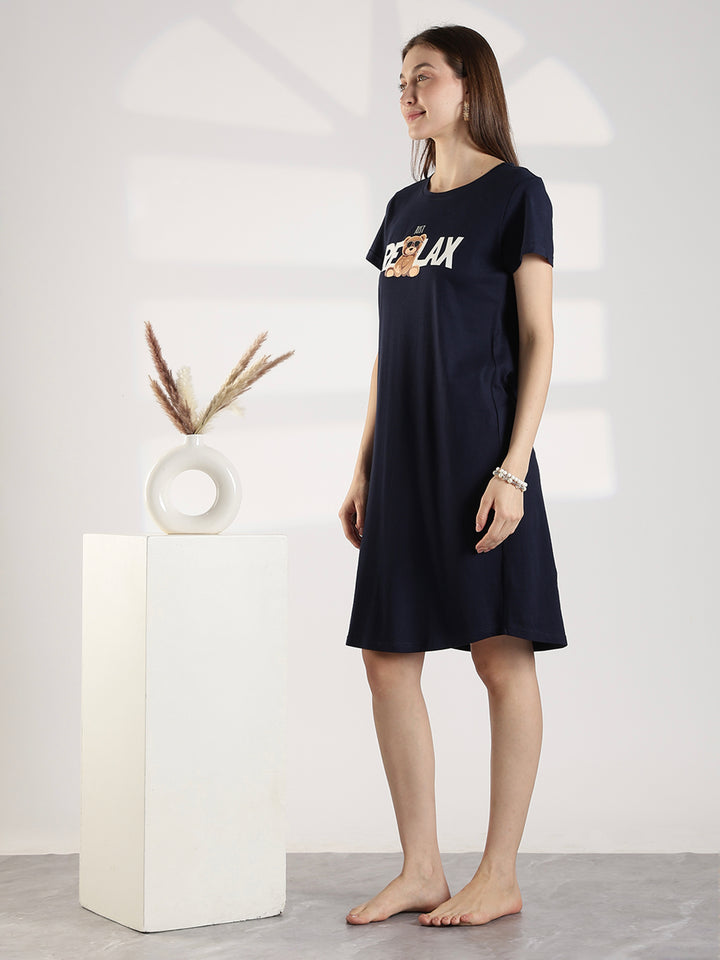 Dark navy knee length short nighty for women with relaxed comfortable fit