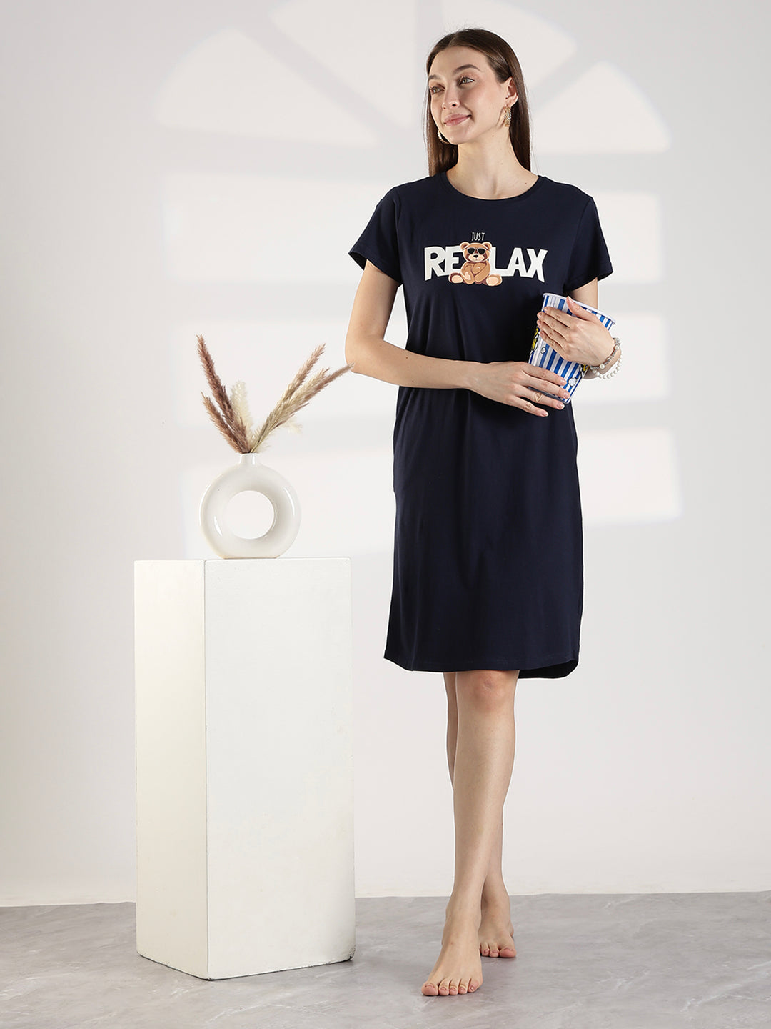 Dark navy knee length short nighty for women with relaxed comfortable fit