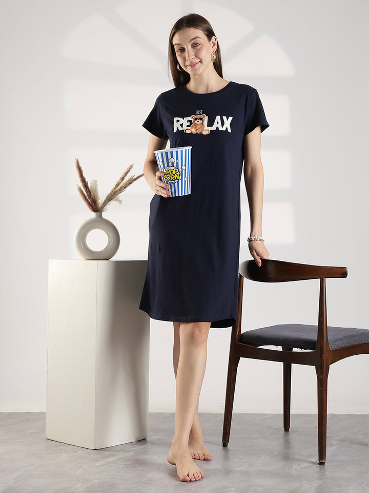 Dark navy knee length short nighty for women with relaxed comfortable fit