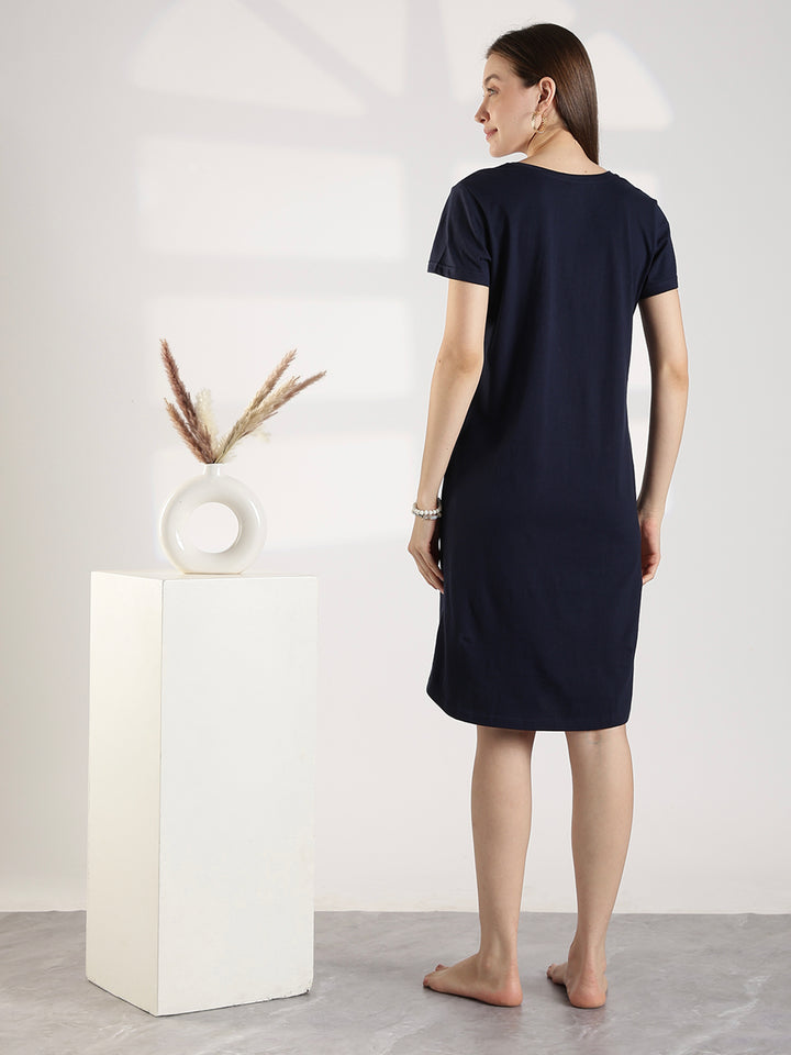 Dark navy knee length short nighty for women with relaxed comfortable fit