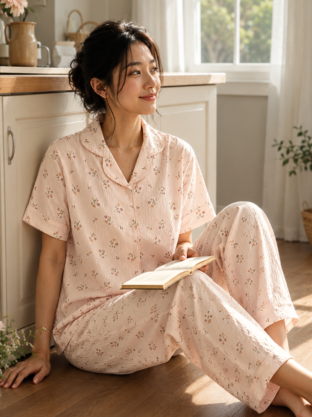 vintage floral korean style night suit in peach fizz