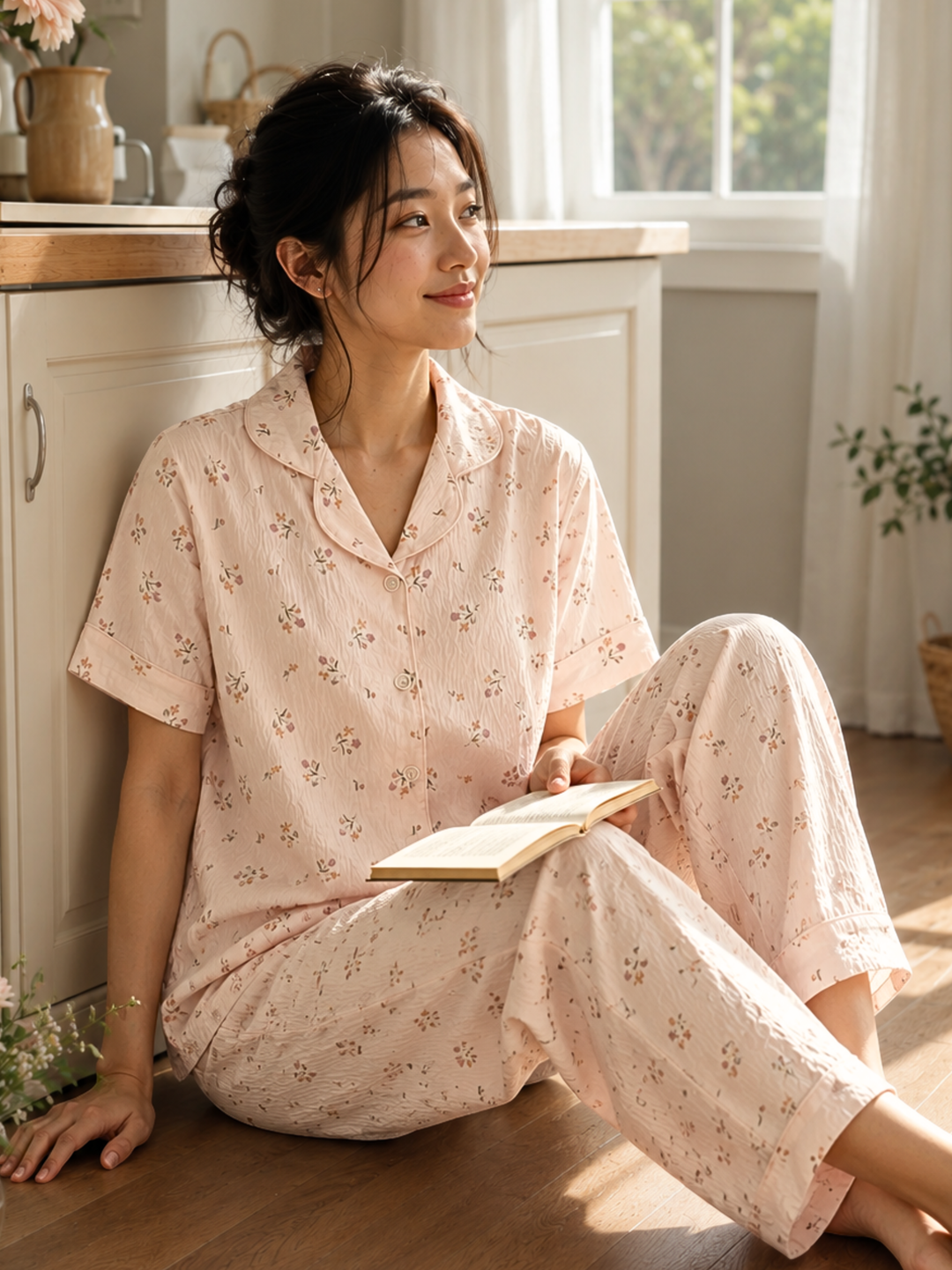 vintage floral korean style night suit in peach fizz