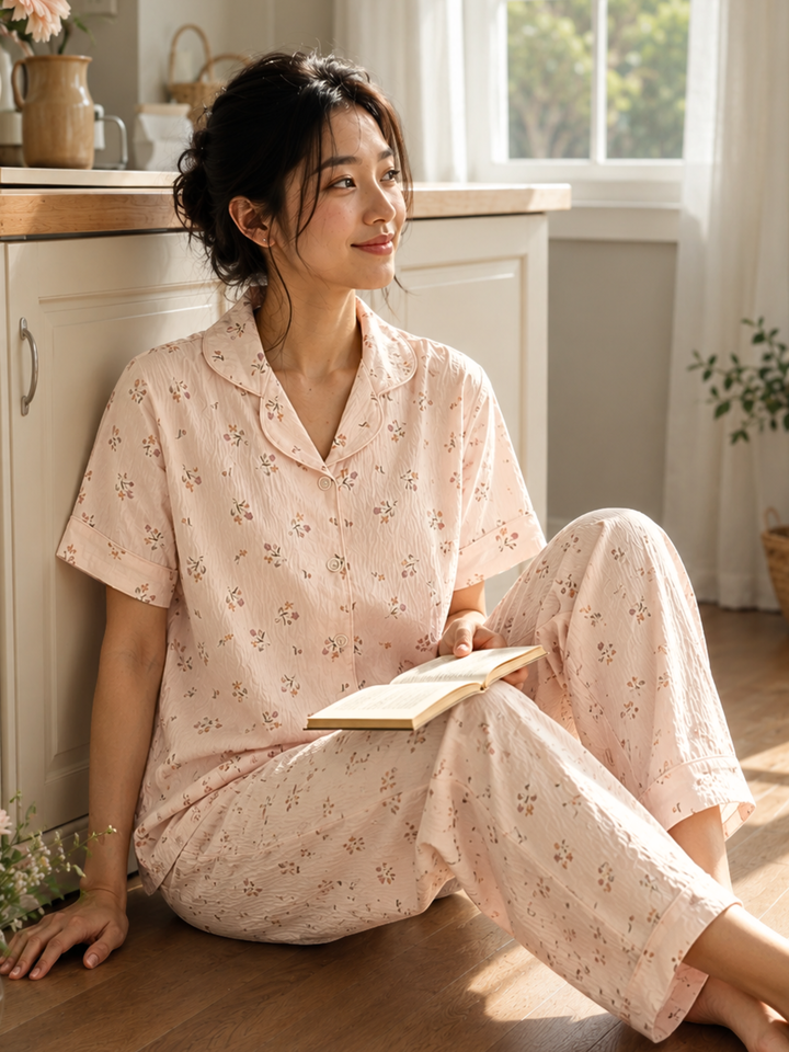 vintage floral korean style night suit in peach fizz