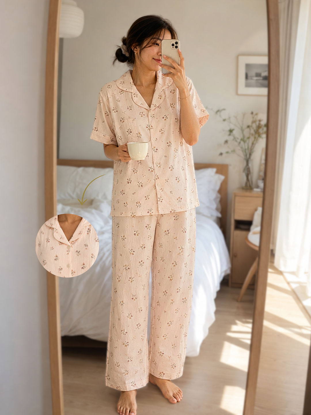vintage floral korean style night suit in peach fizz