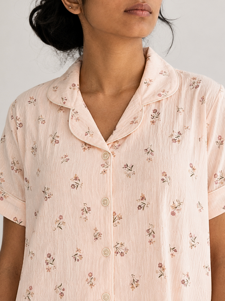 vintage floral korean style night suit in peach fizz