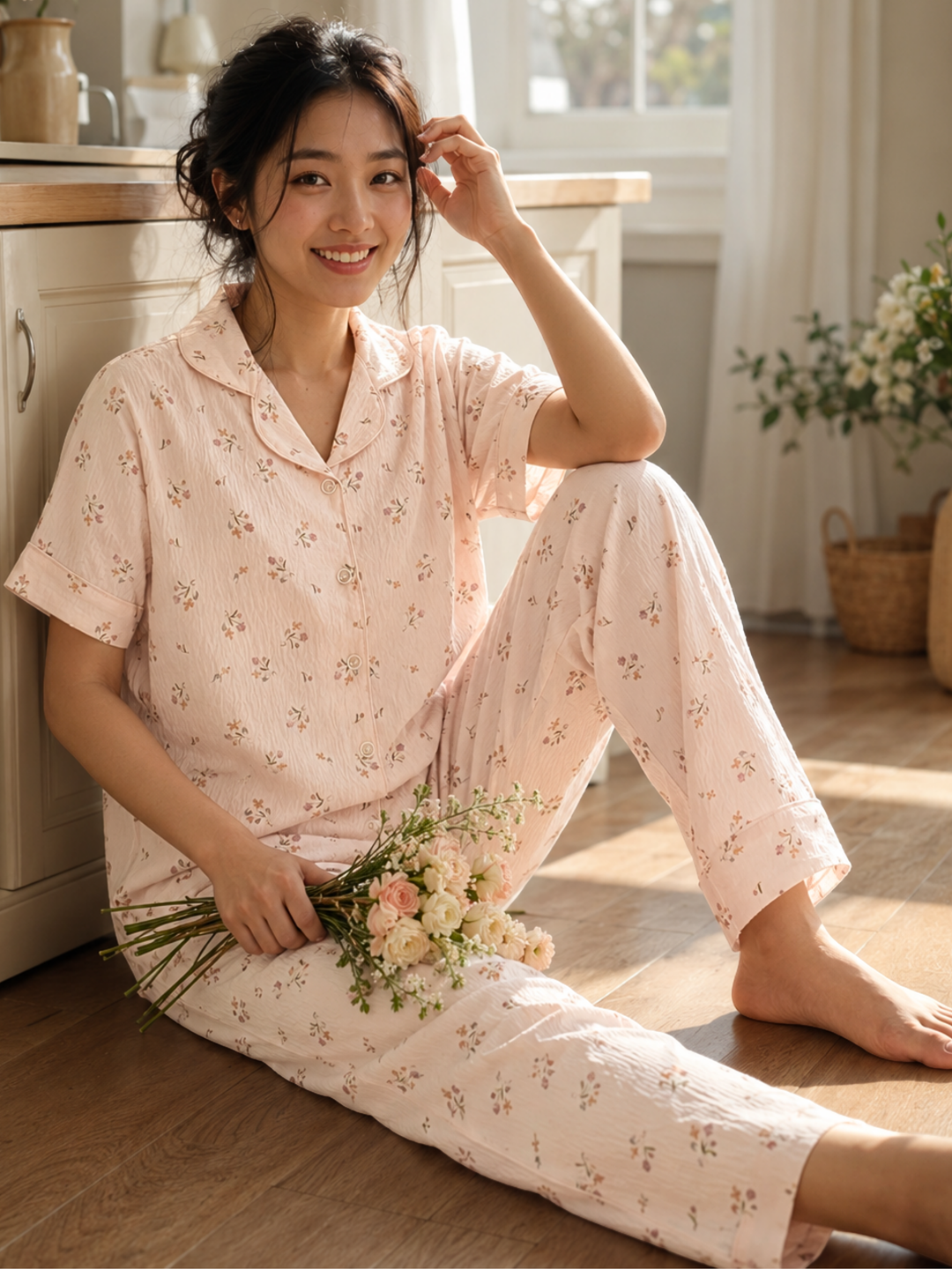 vintage floral korean style night suit in peach fizz