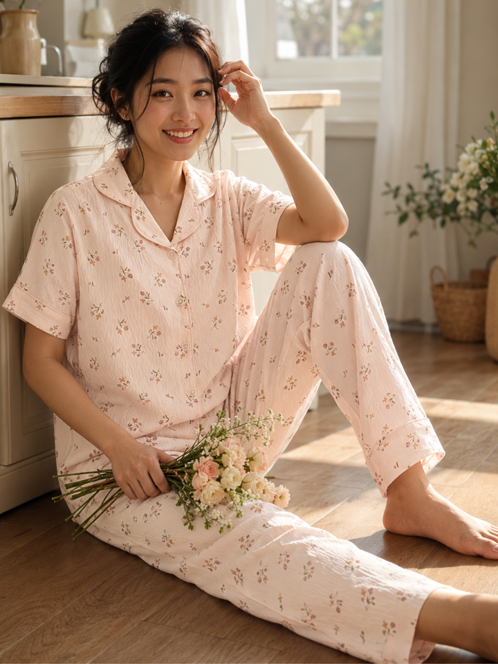 vintage floral korean style night suit in peach fizz