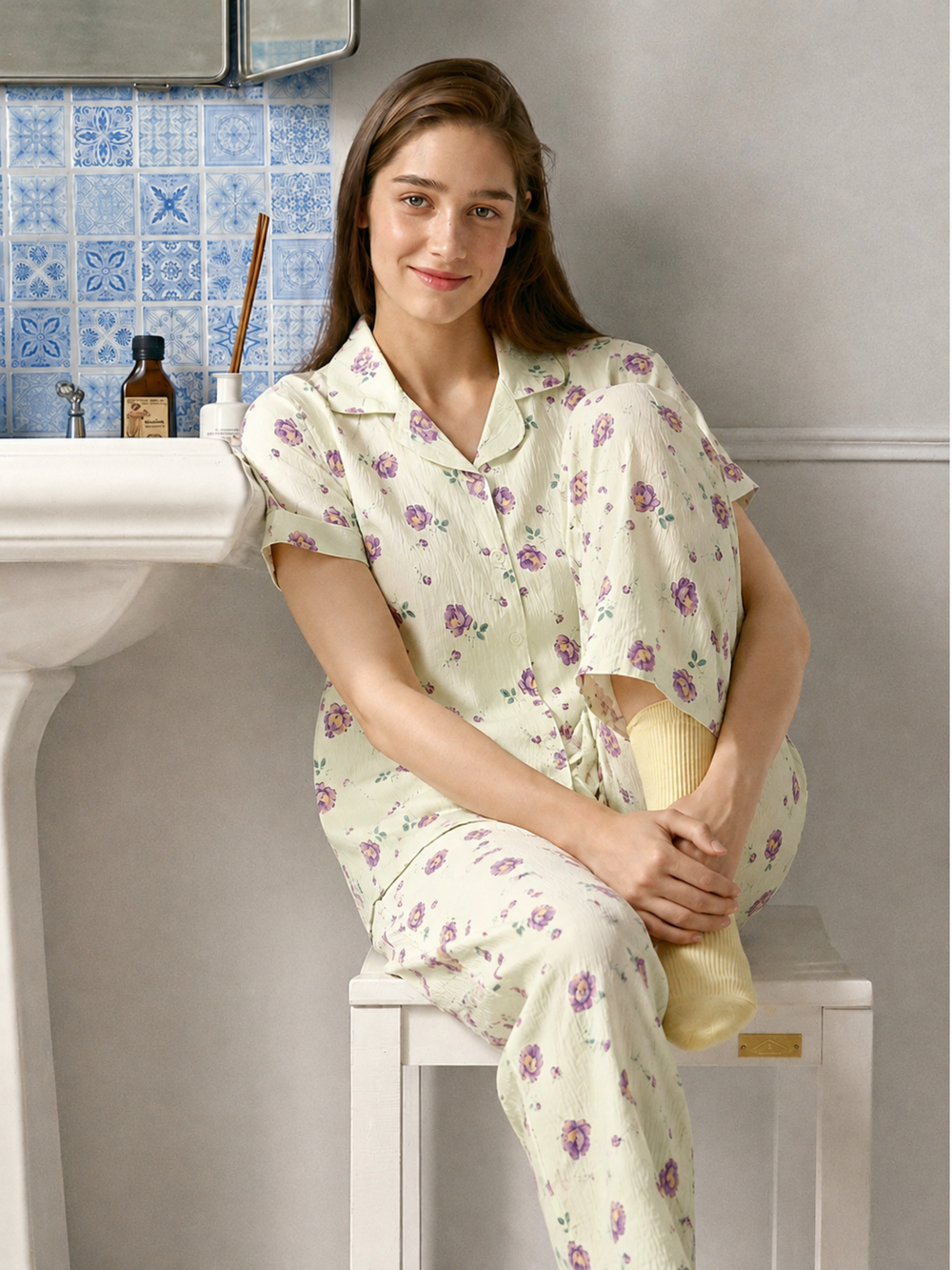 Breathable yellow floral pajama sets for women online