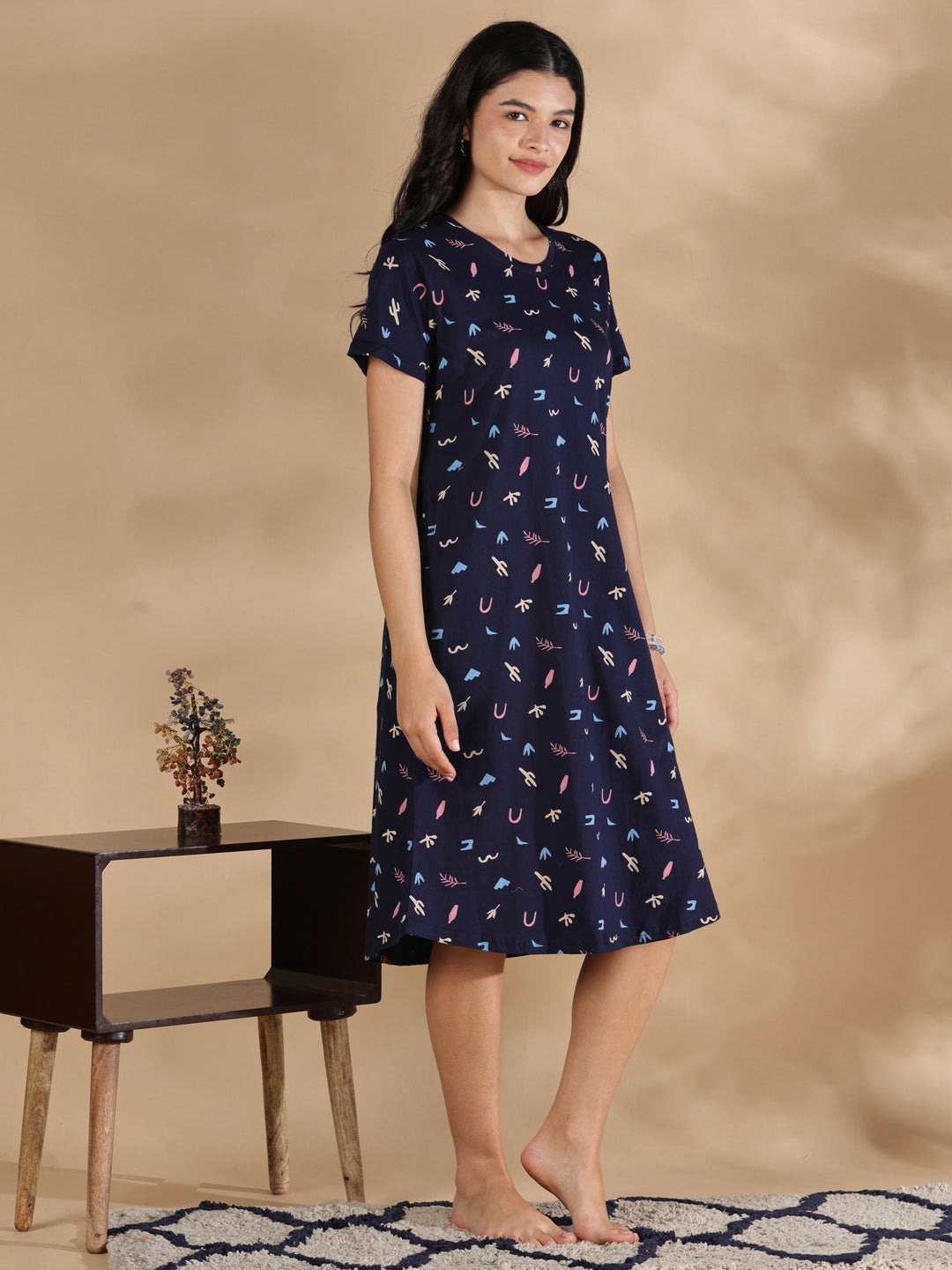Navy blue hosiery cotton short nighty for women online