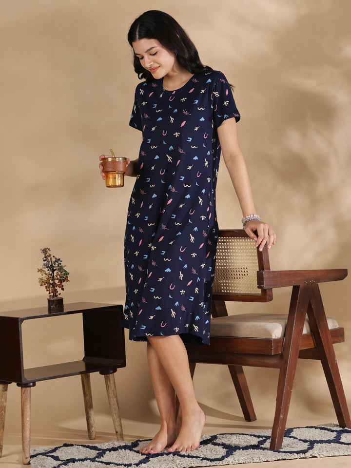 Navy blue hosiery cotton short nighty for women online