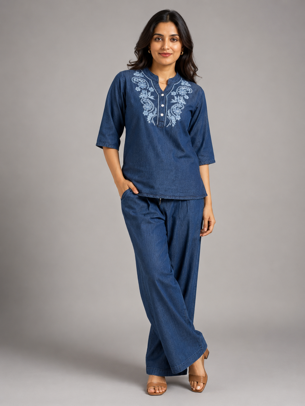 Dark blue denim wash cotton co ord set for women in India
